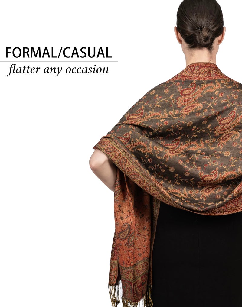 Achillea Soft Silky Reversible Paisley Pashmina Shawl Wrap Scarf w/Fringes (Olive Burgundy) - Image 5